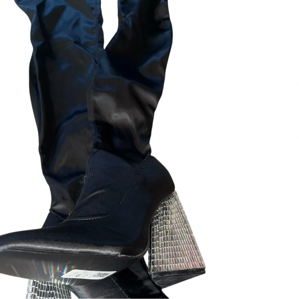 NEW ASOS Glam Black Over-the-Knee Stretch Boots Crystal Embellished Cone Heel